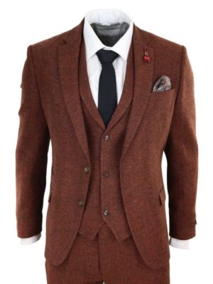 Men's Rust 3 Piece Herringbone Wool Tweed Suit – Tailored Fit, Vintage 1920s Style