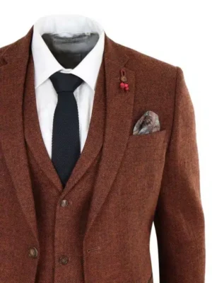 Men's Rust 3 Piece Herringbone Wool Tweed Suit – Tailored Fit, Vintage 1920s Style