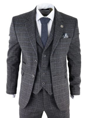 Men’s Grey Tweed 3 Piece Suit Blue Check