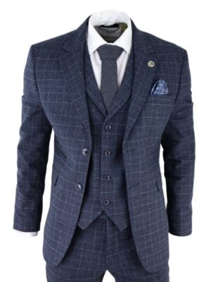 Men’s Tweed 3 Piece Suit – Blue Check Vintage 1920s Gatsby Blinders Tailored Fit