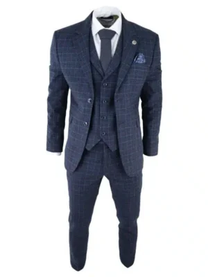 OLD-MONEY.PK Men’s Tweed 3 Piece Suit – Blue Check Vintage 1920s Gatsby Blinders Tailored Fit