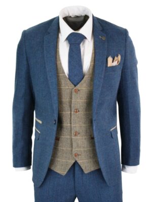 Men’s Herringbone Tweed Blue Tan Brown 3 Piece Marc Darcy Suit