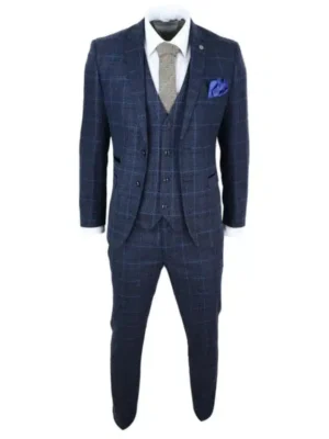 Mens Navy Blue Tweed Check 3 Piece Suit Double Breasted Waistcoat Peaky Blinders Vintage