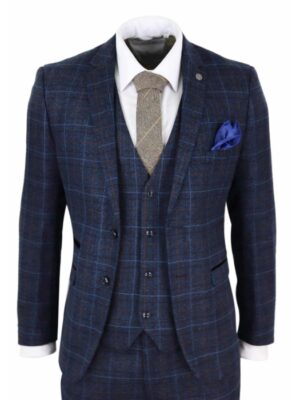 Mens Navy Blue Tweed Check 3 Piece Suit Double Breasted Waistcoat Peaky Blinders Vintage