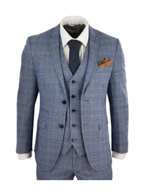 Paul Andrew - Men's Blue 3 Piece Suit Vintage Navy Tan Check