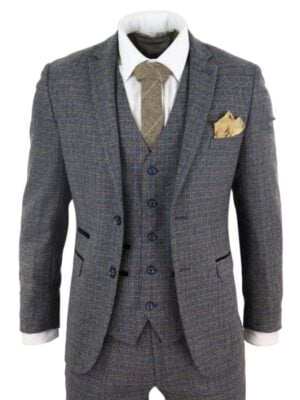 Paul Andrew Men’s Navy Blue Tweed 3 Piece Suit – Vintage Check