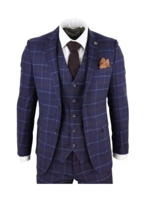 Paul Andrew - Men's 3 Piece Blue Suit Herringbone Tweed Check