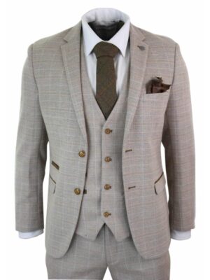 Men’s Check Tweed Beige Brown 3 Piece Suit Wedding Prom Vintage Retro Classic