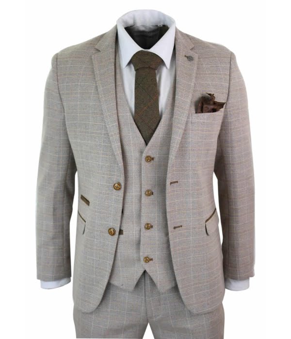 Men’s Check Tweed Beige Brown 3 Piece Suit Wedding Prom Vintage Retro Classic
