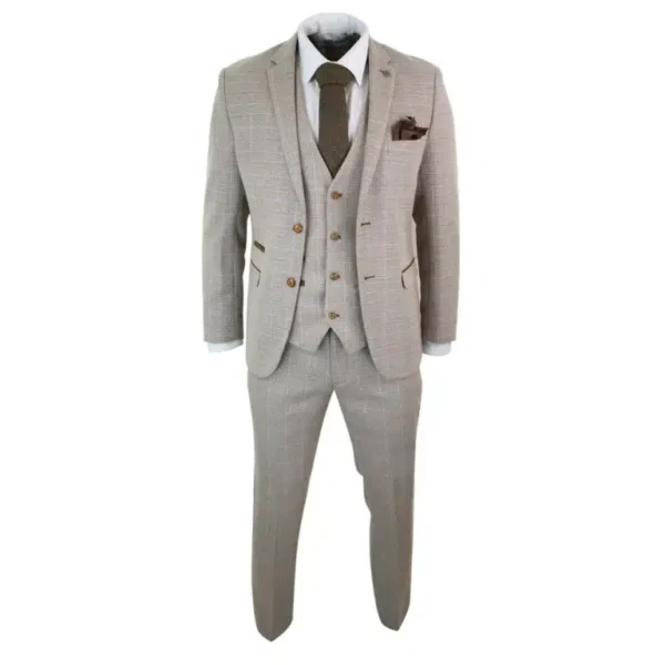Men’s Check Tweed Beige Brown 3 Piece Suit Wedding Prom Vintage Retro Classic