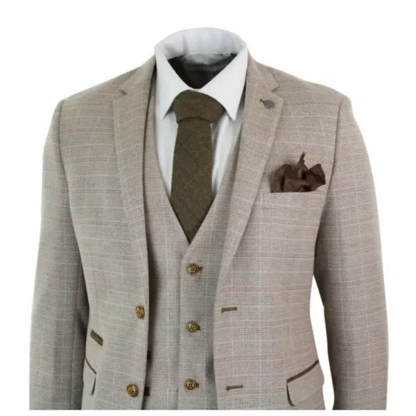 Men’s Check Tweed Beige Brown 3 Piece Suit Wedding Prom Vintage Retro Classic