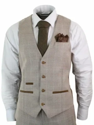 Men’s Check Tweed Beige Brown 3 Piece Suit Wedding Prom Vintage Retro Classic