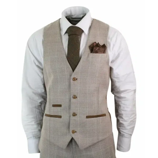 Men’s Check Tweed Beige Brown 3 Piece Suit Wedding Prom Vintage Retro Classic