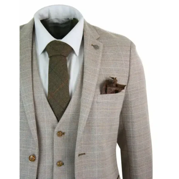 Men’s Check Tweed Beige Brown 3 Piece Suit Wedding Prom Vintage Retro Classic