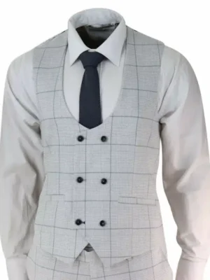 Men’s Light Grey Check 3 Piece Suit Double Breasted Waistcoat Tailored Fit