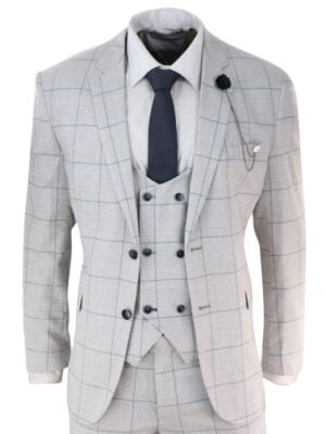 Men’s Light Grey Check 3 Piece Suit Double Breasted Waistcoat Tailored Fit